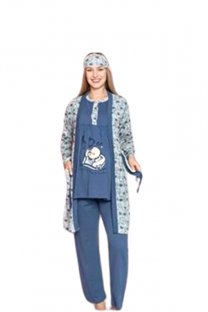 Compleu maternitate, 4 piese, Pijama+ Halat gravide, Milena, Powder Blue, maneca lunga BebePrice [3]