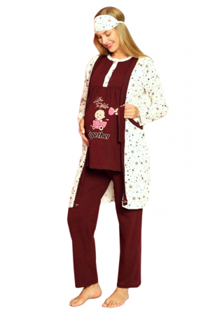Compleu maternitate, CamaCompleu maternitate, 4 piese, Pijama+ Halat gravide, Milena, Royal Garnet, maneca lunga BebePricesa alaptat + Halat gravide, Grey-Magenta, Maneca Lunga BBP [0]