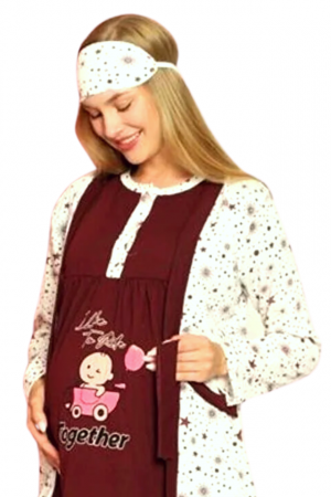 Compleu maternitate, CamaCompleu maternitate, 4 piese, Pijama+ Halat gravide, Milena, Royal Garnet, maneca lunga BebePricesa alaptat + Halat gravide, Grey-Magenta, Maneca Lunga BBP [2]