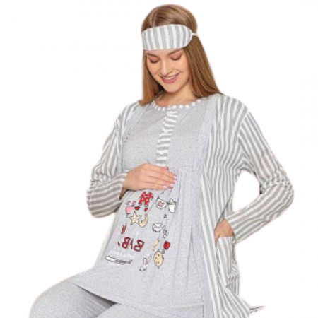 Compleu maternitate, 4 piese, Pijama+ Halat gravide, Baby, Grey, maneca lunga, BebePrice [4]
