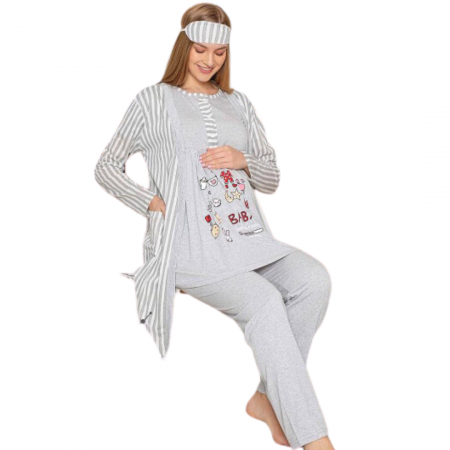 Compleu maternitate, 4 piese, Pijama+ Halat gravide, Baby, Grey, maneca lunga, BebePrice [0]