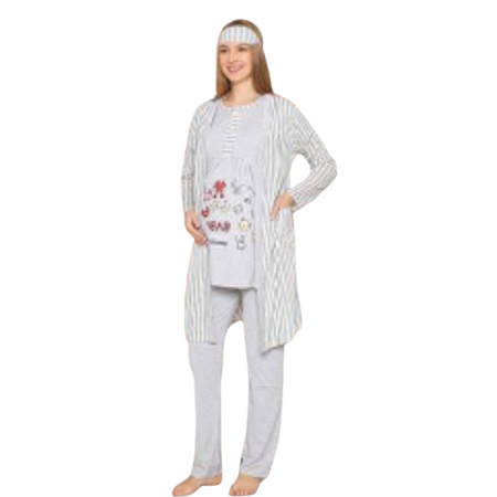 Compleu maternitate, 4 piese, Pijama+ Halat gravide, Baby, Grey, maneca lunga, BebePrice [1]
