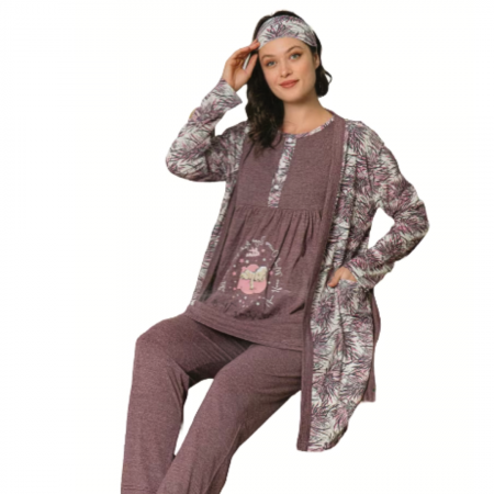 Compleu maternitate, 4 piese, Pijama+ Halat gravide, Baby, Light Mauve, maneca lunga, BebePrice [0]