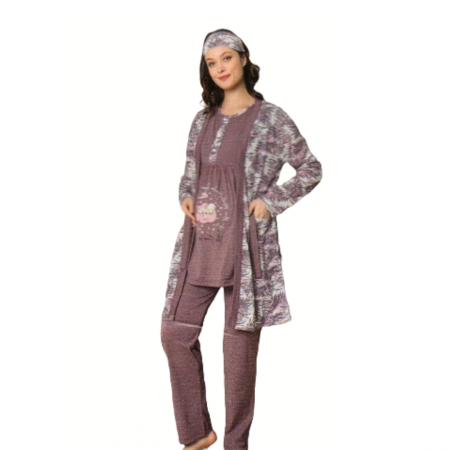 Compleu maternitate, 4 piese, Pijama+ Halat gravide, Baby, Light Mauve, maneca lunga, BebePrice [2]