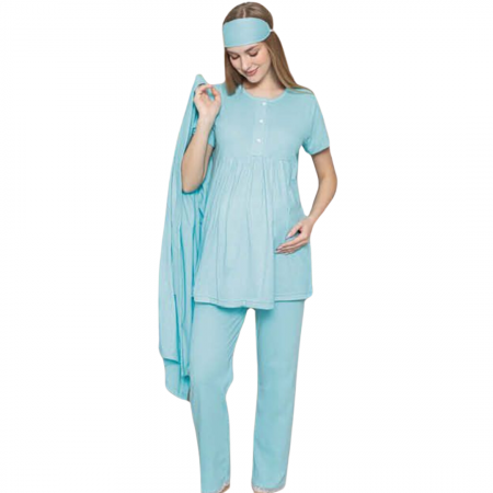 Compleu maternitate, 4 piese, Pijama+ Halat gravide, Sella, Azure, maneca lunga, BebePrice [0]