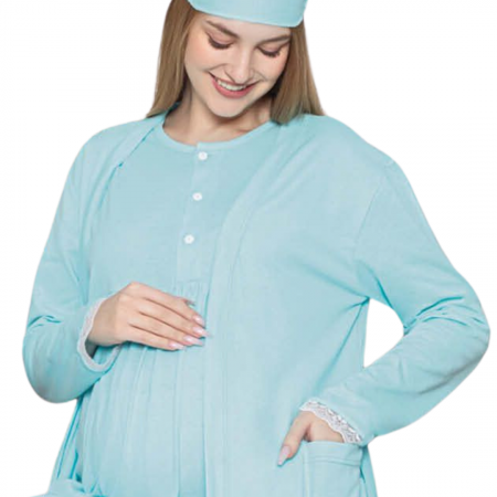 Compleu maternitate, 4 piese, Pijama+ Halat gravide, Sella, Azure, maneca lunga, BebePrice [2]