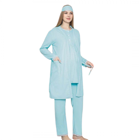 Compleu maternitate, 4 piese, Pijama+ Halat gravide, Sella, Azure, maneca lunga, BebePrice [4]
