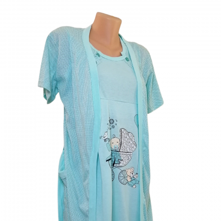 Compleu maternitate, Camasa alaptat + Halat gravide, Baby Stroller, Turquoise - Maneca scurta [1]