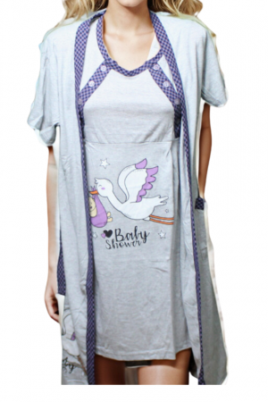 Compleu maternitate, Camasa alaptat + Halat gravide, Baby Shower, Grey-Purple, BebePrice [0]