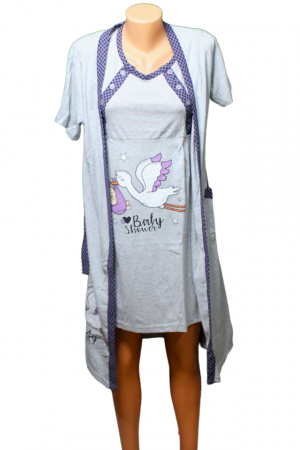 Compleu maternitate, Camasa alaptat + Halat gravide, Baby Shower, Grey-Purple, BebePrice [1]