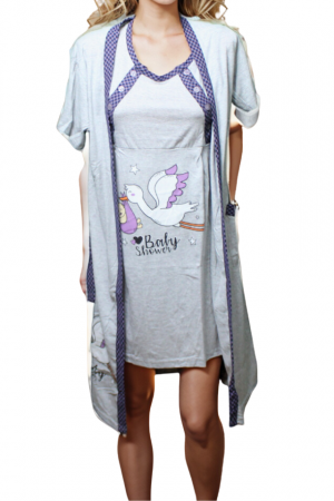 Compleu maternitate, Camasa alaptat + Halat gravide, Baby Shower, Grey-Purple, BebePrice [7]
