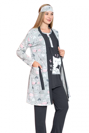 Compleu maternitate, 4 piese, Pijama+ Halat gravide, Milena, Pure Grey, maneca lunga BebePrice [0]