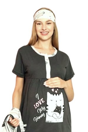 Compleu maternitate, 4 piese, Pijama+ Halat gravide, Milena, Pure Grey, maneca lunga BebePrice [3]