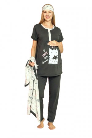 Compleu maternitate, 4 piese, Pijama+ Halat gravide, Milena, Pure Grey, maneca lunga BebePrice [1]