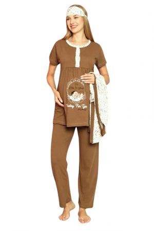 Compleu maternitate, 4 piese, Pijama+ Halat gravide, Milena, Mild Brownie, maneca lunga BebePrice [3]