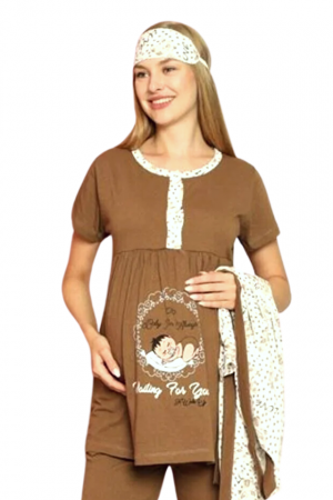 Compleu maternitate, 4 piese, Pijama+ Halat gravide, Milena, Mild Brownie, maneca lunga BebePrice [1]
