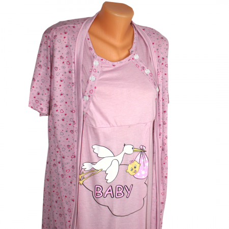 Compleu maternitate, Camasa alaptat + Halat gravide, Pinky Hearts, maneca scurta [4]