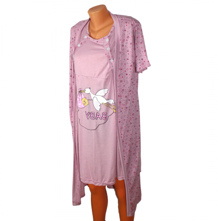 Compleu maternitate, Camasa alaptat + Halat gravide, Pinky Hearts, maneca scurta [1]