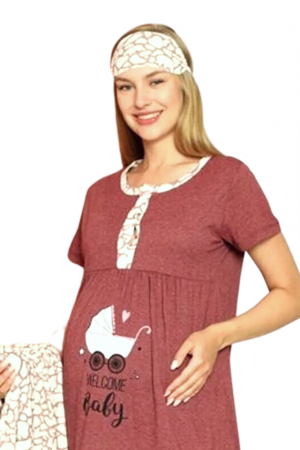 Compleu maternitate, 4 piese, Pijama+ Halat gravide, Milena, Powder Garnet, maneca lunga BebePrice [2]
