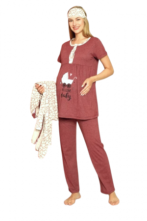 Compleu maternitate, 4 piese, Pijama+ Halat gravide, Milena, Powder Garnet, maneca lunga BebePrice [4]