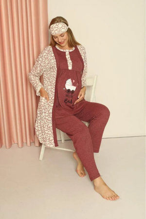 Compleu maternitate, 4 piese, Pijama+ Halat gravide, Milena, Powder Garnet, maneca lunga BebePrice [3]