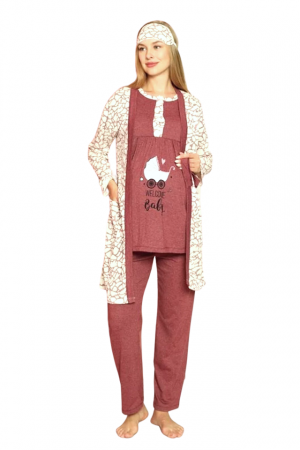 Compleu maternitate, 4 piese, Pijama+ Halat gravide, Milena, Powder Garnet, maneca lunga BebePrice [0]