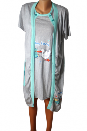 Compleu maternitate, Camasa alaptat + Halat gravide, Grey-Green, Maneca Scurta,BebePrice [0]