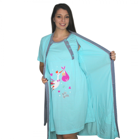 Compleu maternitate, Camasa alaptat + Halat gravide, Hello Baby, Turquoise, maneca scurta [0]