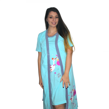 Compleu maternitate, Camasa alaptat + Halat gravide, Hello Baby, Turquoise, maneca scurta [1]