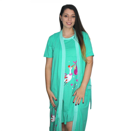 Compleu maternitate, Camasa alaptat + Halat gravide, Hello Baby, Green, maneca scurta [5]