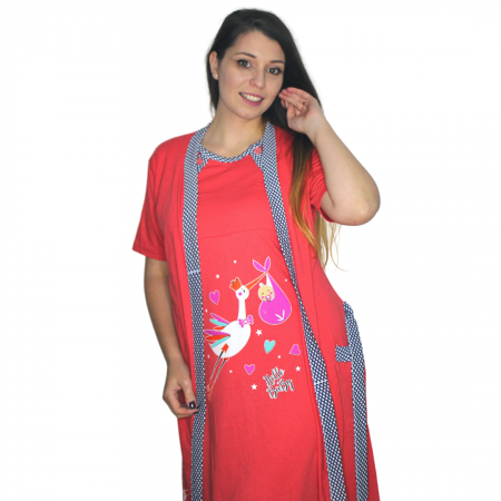 Compleu maternitate, Camasa alaptat + Halat gravide, Hello Baby, Red, maneca scurta [4]