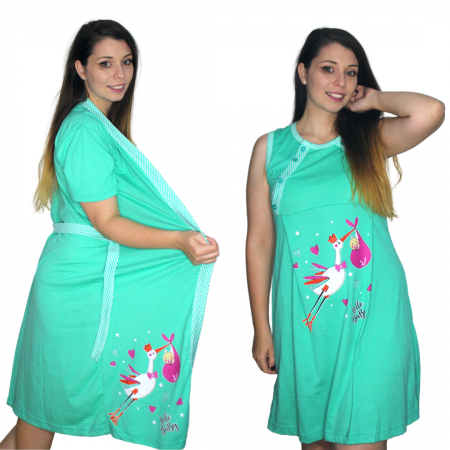 Compleu maternitate, Camasa alaptat + Halat gravide, Hello Baby, Green, maneca scurta [0]