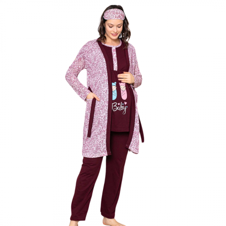 Compleu maternitate, 4 piese, Pijama+ Halat gravide, Baby, Garnet, maneca lunga, BebePrice [0]