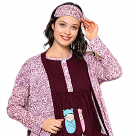 Compleu maternitate, 4 piese, Pijama+ Halat gravide, Baby, Garnet, maneca lunga, BebePrice [4]