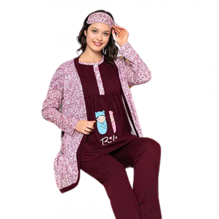 Compleu maternitate, 4 piese, Pijama+ Halat gravide, Baby, Garnet, maneca lunga, BebePrice [2]