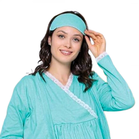 Compleu maternitate, 4 piese, Pijama+ Halat gravide, Cleopatra, Tuquoise, maneca lunga, BebePrice [3]