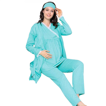 Compleu maternitate, 4 piese, Pijama+ Halat gravide, Cleopatra, Tuquoise, maneca lunga, BebePrice [0]