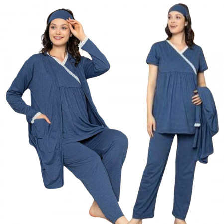 Compleu maternitate, 4 piese, Pijama+ Halat gravide, Cleopatra, Powder Blue, maneca lunga, BebePrice [3]