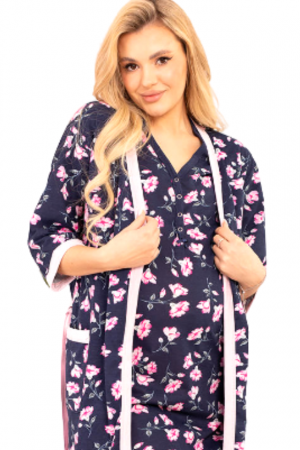 Compleu maternitate, Camasa alaptat + Halat gravide, Floralia, Navy-Purple, Maneca Scurta [4]