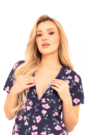 Compleu maternitate, Camasa alaptat + Halat gravide, Floralia, Navy-Purple, Maneca Scurta [2]
