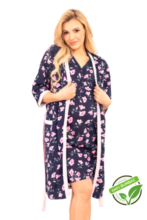 Compleu maternitate, Camasa alaptat + Halat gravide, Floralia, Navy-Purple, Maneca Scurta [0]