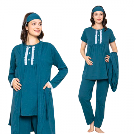 Compleu maternitate, 4 piese, Pijama+ Halat gravide, Stella, Basil, maneca lunga, BebePrice [4]