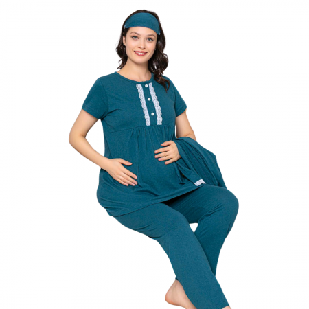Compleu maternitate, 4 piese, Pijama+ Halat gravide, Stella, Basil, maneca lunga, BebePrice [0]