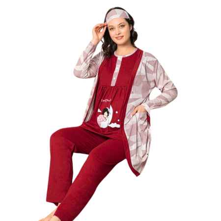 Compleu maternitate, 4 piese, Pijama+ Halat gravide, Baby, Cherry, maneca lunga, BebePrice [0]