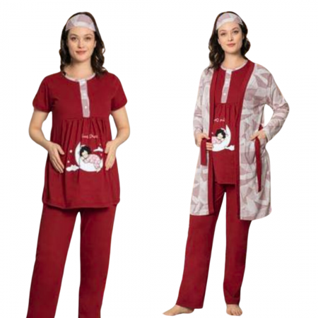 Compleu maternitate, 4 piese, Pijama+ Halat gravide, Baby, Cherry, maneca lunga, BebePrice [3]