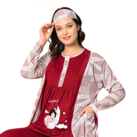 Compleu maternitate, 4 piese, Pijama+ Halat gravide, Baby, Cherry, maneca lunga, BebePrice [4]