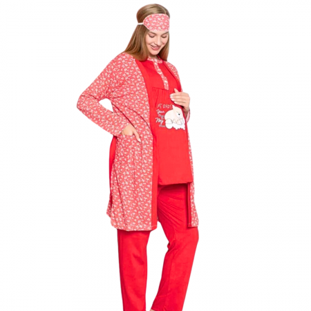 Compleu maternitate, 4 piese, Pijama+ Halat gravide, Baby, True Red, maneca lunga,BebePrice [1]