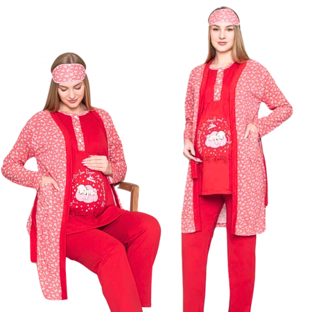 Compleu maternitate, 4 piese, Pijama+ Halat gravide, Baby, True Red, maneca lunga,BebePrice [2]