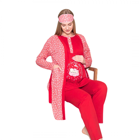Compleu maternitate, 4 piese, Pijama+ Halat gravide, Baby, True Red, maneca lunga,BebePrice [4]