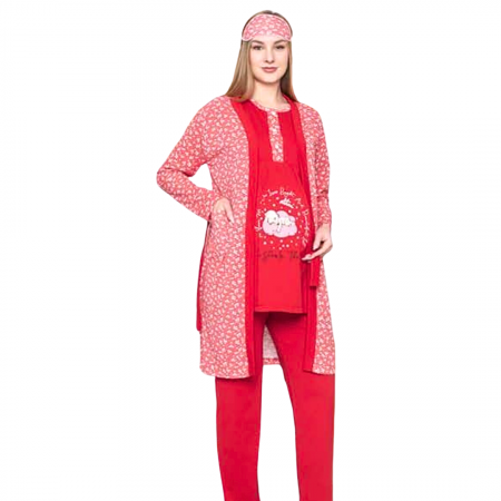 Compleu maternitate, 4 piese, Pijama+ Halat gravide, Baby, True Red, maneca lunga,BebePrice [0]